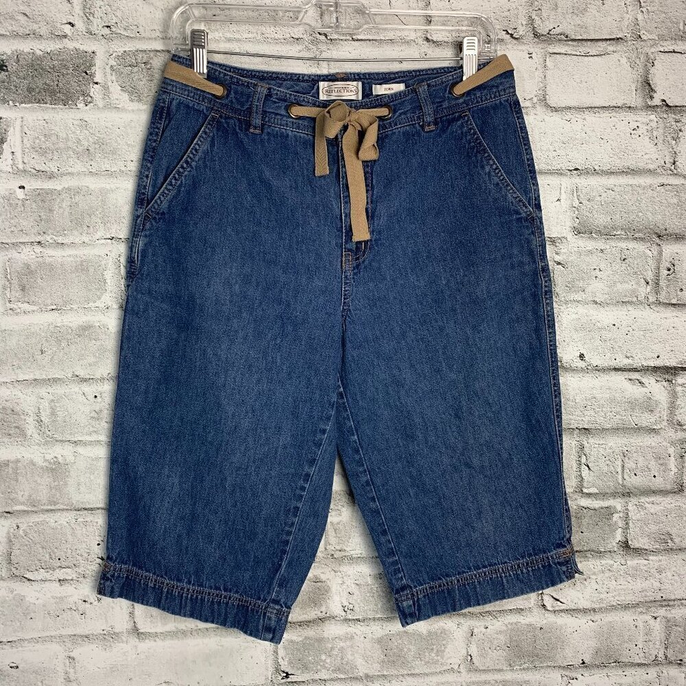 Vintage Denim Jorts Mid High Rise Baggy Relaxed Fit Front Tie Jean Bermuda Short